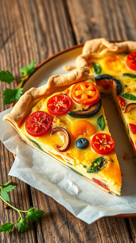 15 Romantic Valentine Lunch Ideas A slice of vibrant quiche topped with tomatoes, olives, and greens on a wooden surface. Valentine Lunch