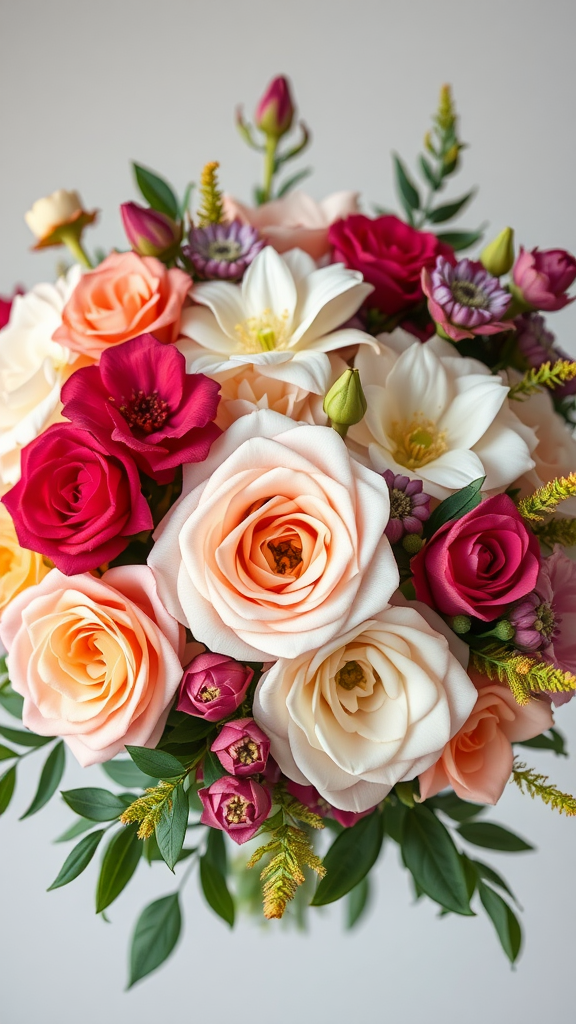 25 Cowboy Wedding Flowers That Will Make Planning a Breeze! A beautiful bouquet featuring roses, lilies, and greenery in soft peach, white, and red hues.