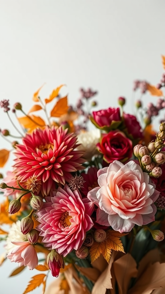 35 Stunning Earth Tone Wedding Bouquets for Your Dream Celebration A bouquet featuring warm earth tone flowers including dahlias and roses in rich colors.