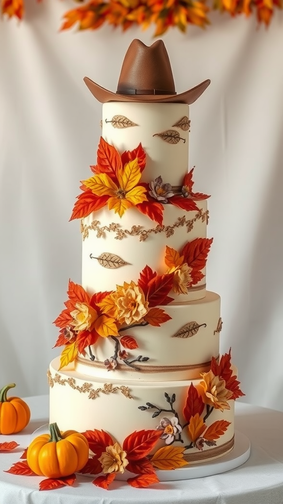 25 Cowboy Wedding Cake Ideas to Inspire Your Rustic Celebration A beautifully decorated autumn-themed cowboy wedding cake with a brown hat on top and colorful leaves and flowers.