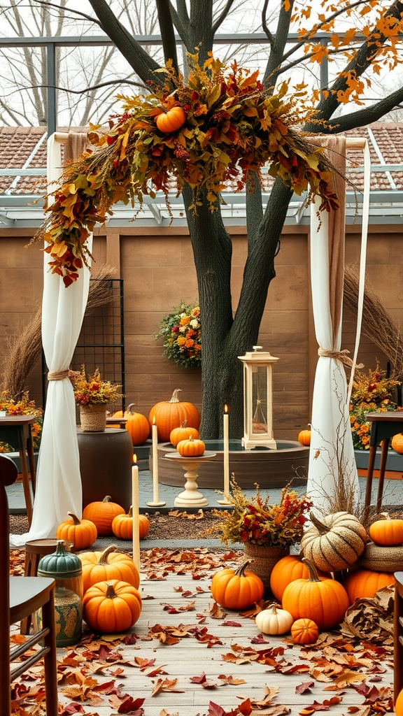 35 Earth Tone Wedding Ideas That'll Make Your Guests Go 'Wow!' (Don't Miss #10!) A beautifully decorated wedding setting with autumn leaves, pumpkins, and an arch made of foliage.