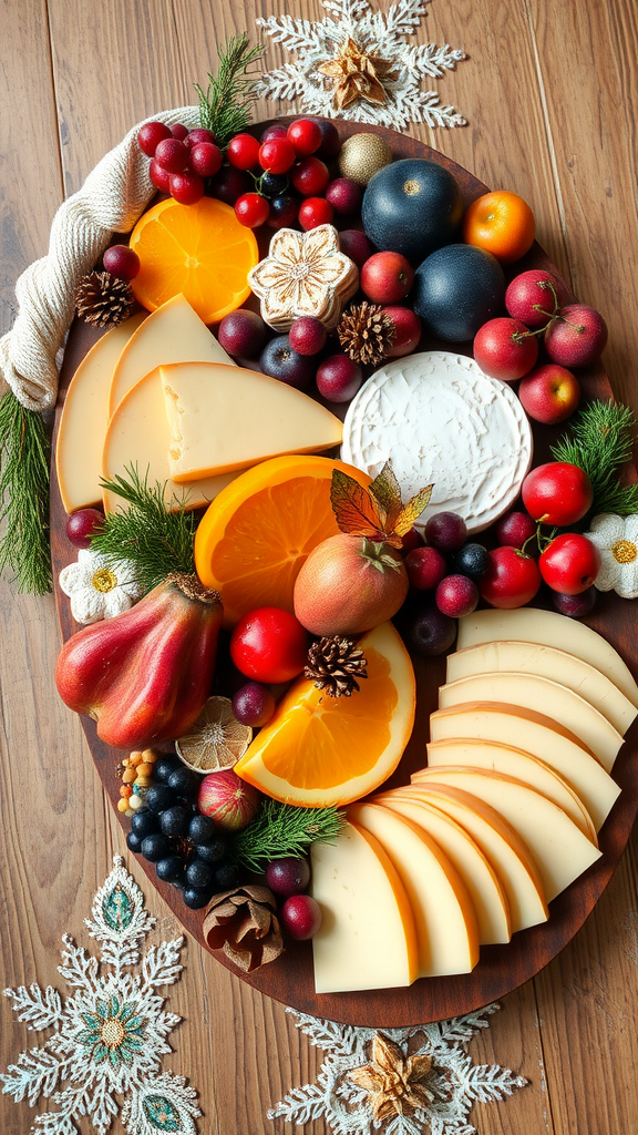 25 Sweet Winter Baby Shower Ideas to Warm Your Celebration A beautifully arranged seasonal fruit and cheese platter with various cheeses, fresh fruits, and festive decorations