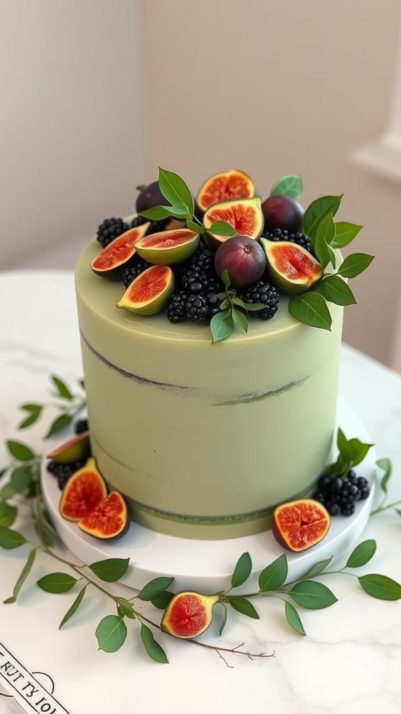 15 Elegant Sage Green Wedding Cake Ideas for Your Perfect Day A sage green wedding cake topped with figs, blackberries, and citrus slices.