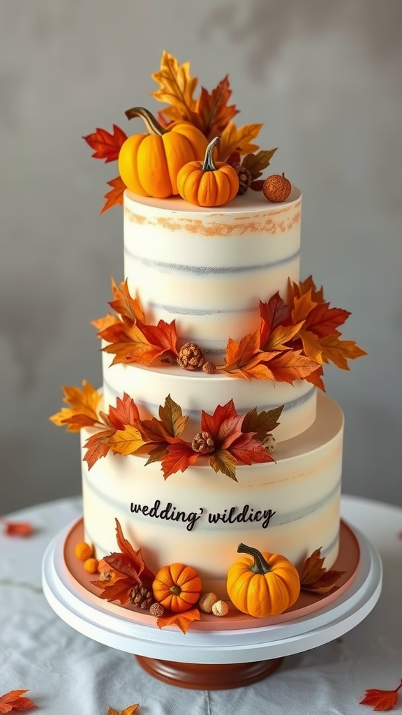 30 Themed Two-Tier Wedding Cakes That Are Totally Unique (Check Out #9!) A two-tier wedding cake decorated with pumpkins and autumn leaves, showcasing seasonal harvest flavors.