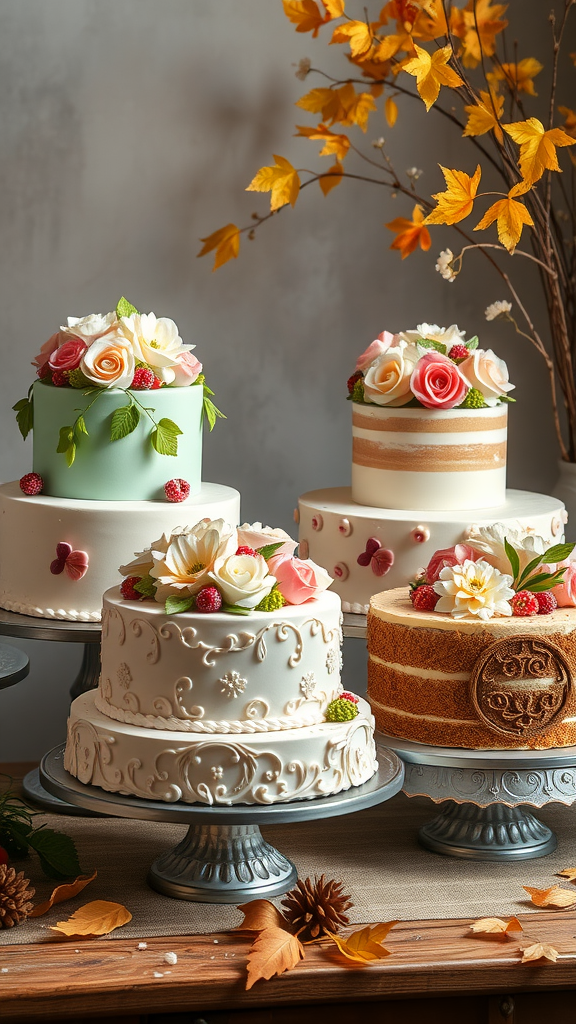 35 Exquisite Rococo Cakes for Your Next Celebration A display of beautifully decorated Rococo cakes with floral designs, set against a backdrop of autumn leaves.