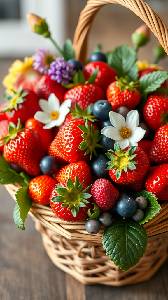 25 Creative Strawberry Centerpiece Ideas for Every Occasion A basket filled with fresh strawberries, blueberries, and flowers. Strawberry Centerpiece Ideas