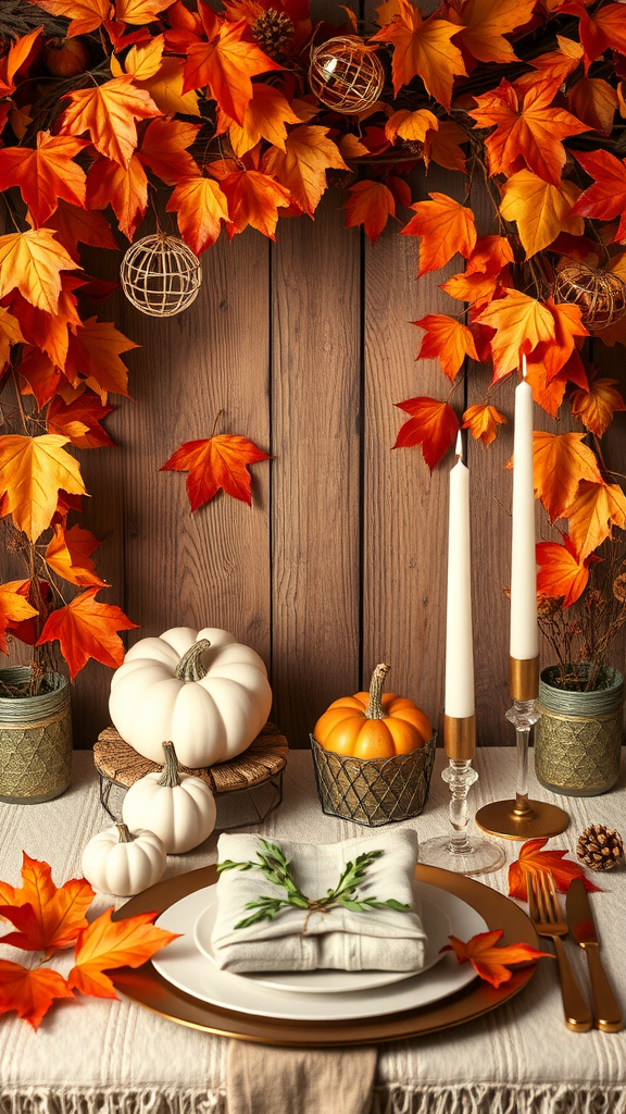 25 Must-Have Items for the Perfect Nesting Party A beautifully arranged autumn table setting with pumpkins, candles, and colorful leaves.