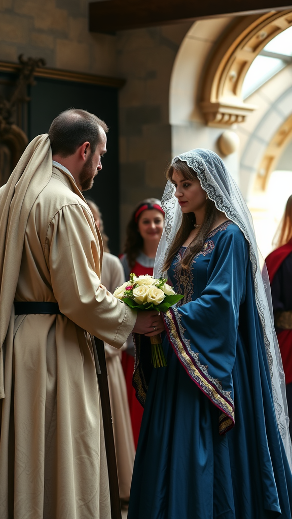 15 Stunning Blue Medieval Wedding Dresses for Your Fairytale Day A couple in medieval attire at a wedding ceremony, with the bride in a blue medieval wedding dress.