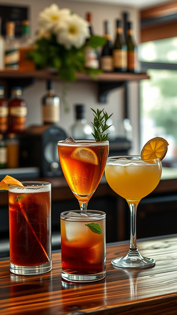 35 Earth Tone Wedding Ideas That'll Make Your Guests Go 'Wow!' (Don't Miss #10!) A selection of cocktails in earthy colors, featuring garnishes and a stylish presentation.