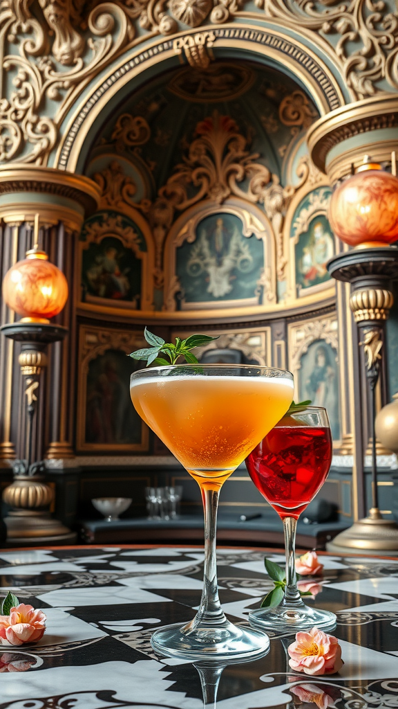 35 Stunning Ideas for a Rococo Party Two cocktails on a beautifully designed table with ornate decor in the background