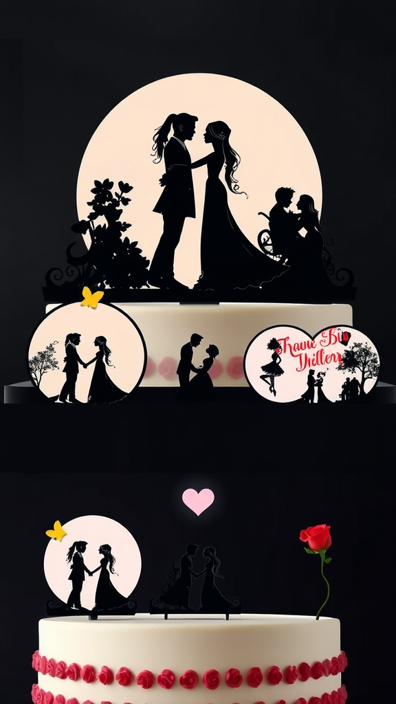 25 Enchanting Dark Romantic Wedding Ideas You’ll Love Silhouette cake toppers featuring couples and romantic themes.