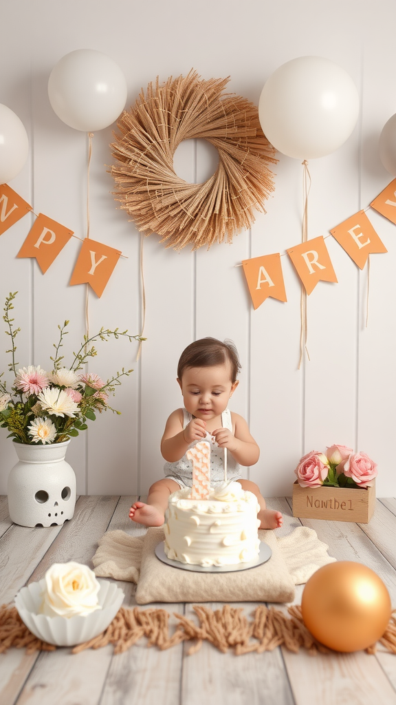 25 Adorable Ideas for a Boho Themed 1st Birthday Party for Girls A simple and elegant cake smash area with a baby preparing to enjoy a cake, surrounded by festive decorations. boho themed 1st birthday party