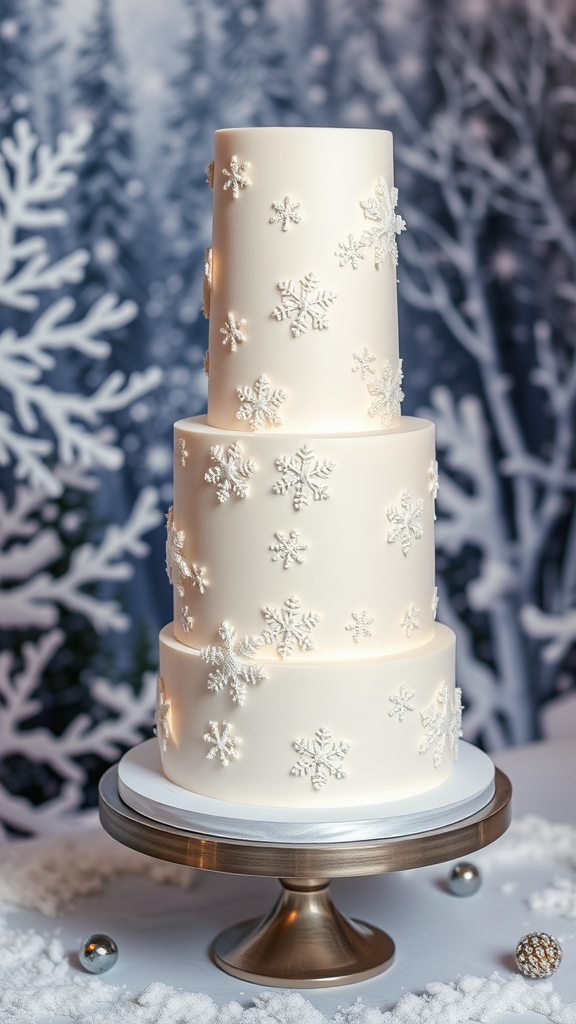 20 Enchanting Christmas Wedding Cake Ideas A tall white cake decorated with snowflakes, perfect for a winter wedding.