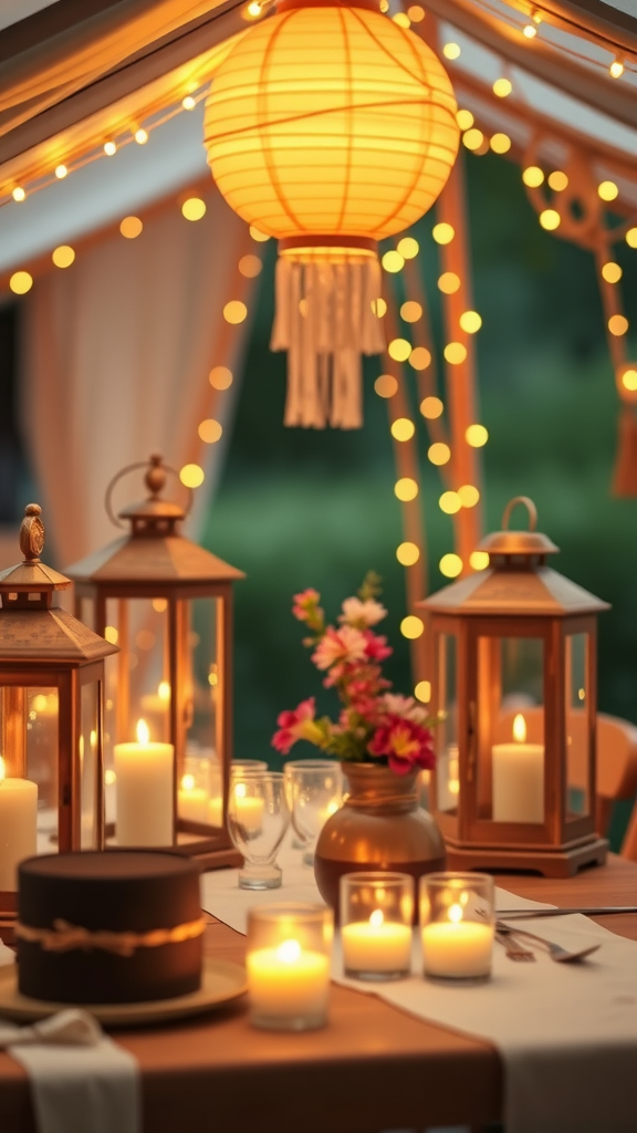 25 Adorable Ideas for a Boho Themed 1st Birthday Party for Girls A beautifully arranged table with lanterns, candles, and flowers, creating a warm and inviting atmosphere.