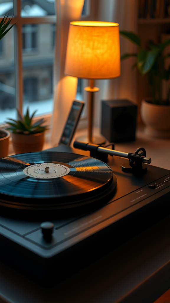 25 Must-Have Items for the Perfect Nesting Party A cozy scene featuring a record player, a warm lamp, and potted plants by the window.