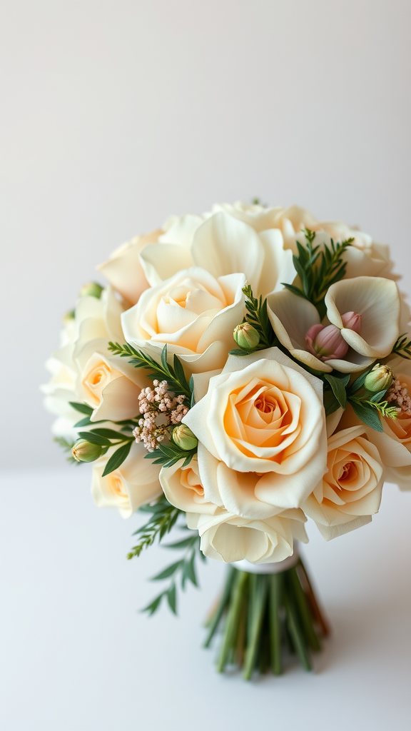35 Stunning Earth Tone Wedding Bouquets for Your Dream Celebration A bouquet featuring cream and beige roses with greenery