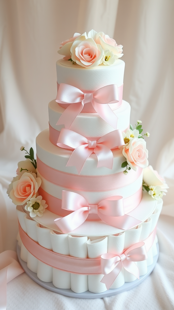 25 Creative Valentine Diaper Cakes A beautifully arranged soft pastel diaper cake decorated with ribbons and flowers.