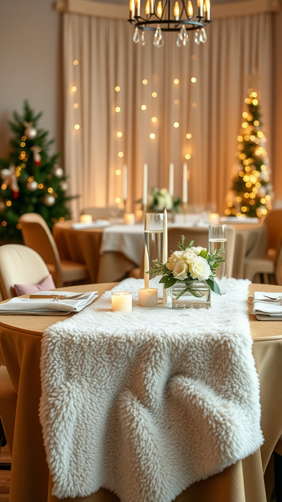25 Sweet Winter Baby Shower Ideas to Warm Your Celebration A cozy table setting with a plush white blanket as a table runner, candles, and floral decor.