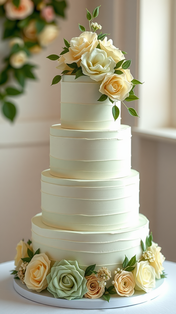 25 Enchanting Sage Green Wedding Ideas to Inspire Your Big Day A beautiful three-tiered cake decorated with creamy roses and sage green accents, set against a soft, natural backdrop.