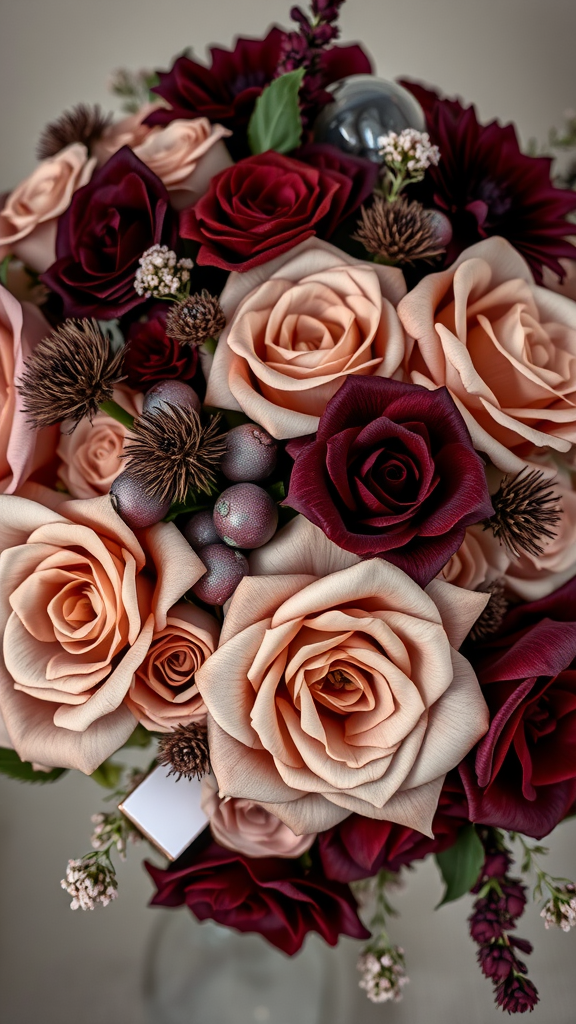 35 Stunning Earth Tone Wedding Bouquets for Your Dream Celebration A bouquet featuring taupe and burgundy roses, along with various floral accents.