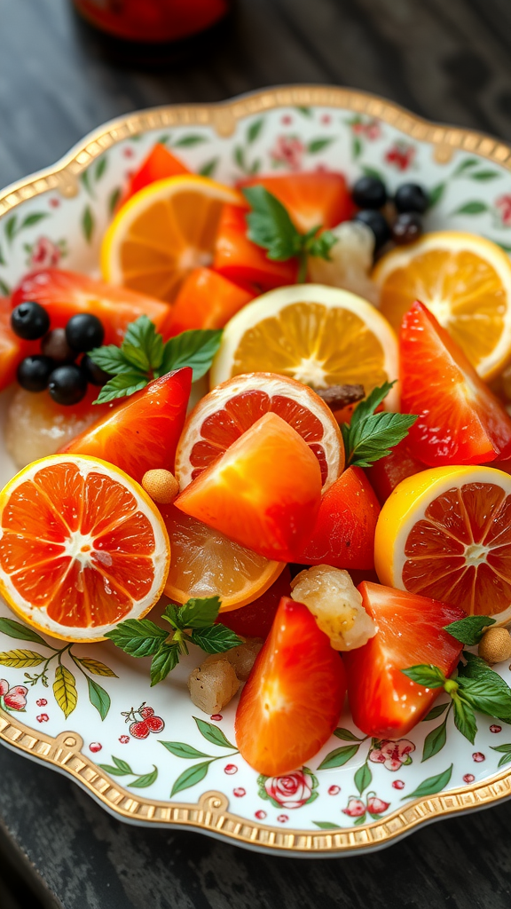 10 Delicious New Year’s Day Recipes to Start the Year Right A vibrant Sparkling Citrus Salad featuring slices of oranges, grapefruits, and blood oranges topped with blueberries and fresh mint. New Year’s Day Recipes