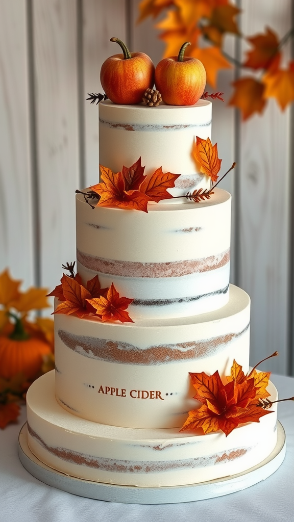 20 Enchanting Christmas Wedding Cake Ideas Three-tier spiced apple cider cake decorated with pumpkins and autumn leaves.