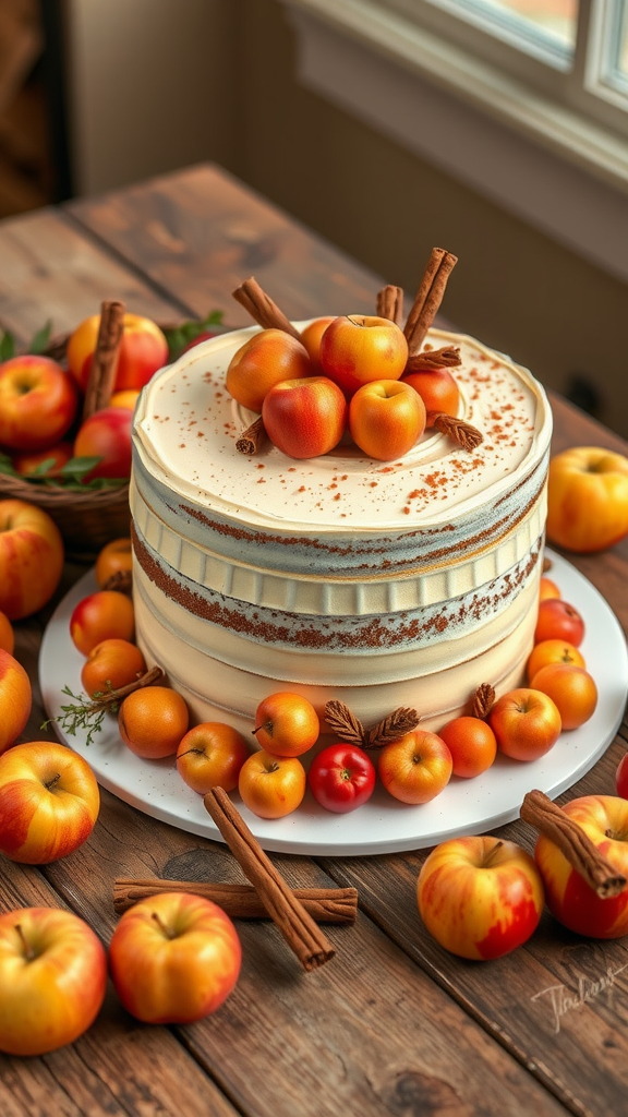 20 Festive Christmas Wedding Cakes and Cupcakes to Delight Your Guests A beautifully decorated spiced apple wedding cake topped with fresh apples and cinnamon sticks, surrounded by additional apples on a rustic wooden table.
