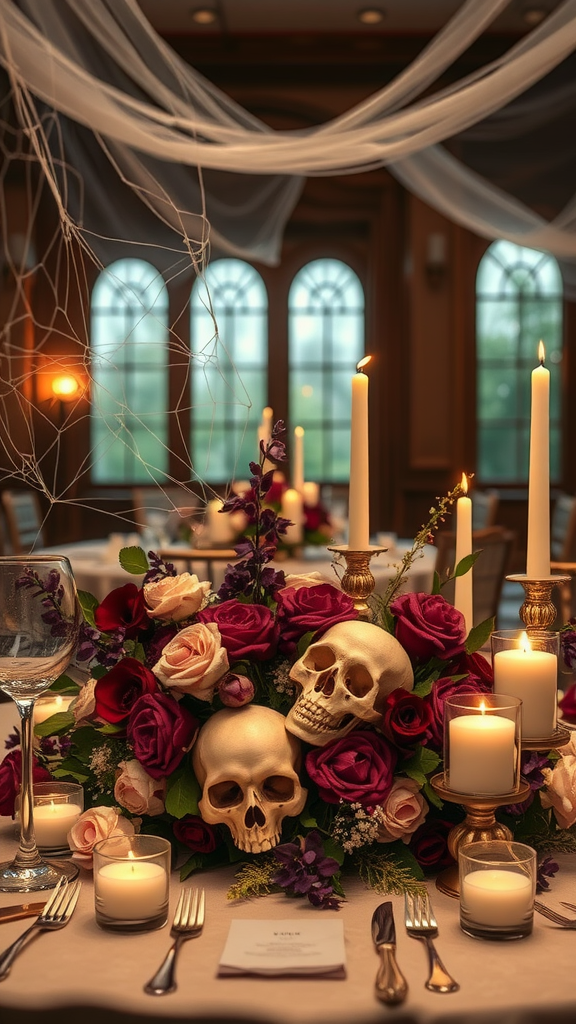 25 Enchanting Dark Romantic Wedding Ideas You’ll Love A wedding table centerpiece featuring skulls, flowers, candles, and cobwebs, creating a spooky atmosphere.