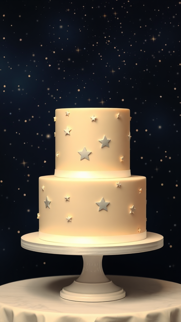 30 Themed Two-Tier Wedding Cakes That Are Totally Unique (Check Out #9!) Two-tier wedding cake with silver stars, set against a starry night sky background.