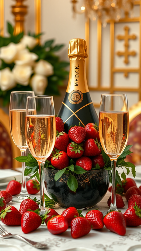 25 Creative Strawberry Centerpiece Ideas for Every Occasion A beautifully arranged table with champagne and strawberries, showcasing elegance and celebration.