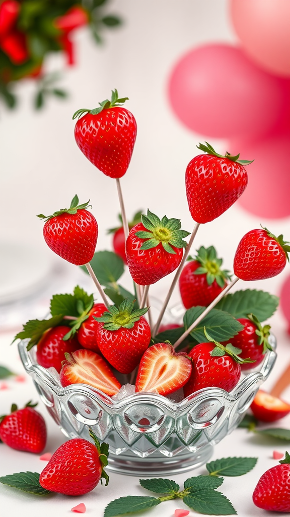 25 Creative Strawberry Centerpiece Ideas for Every Occasion A bowl filled with fresh strawberries, some on skewers, surrounded by more strawberries and green leaves. Strawberry Centerpiece Ideas