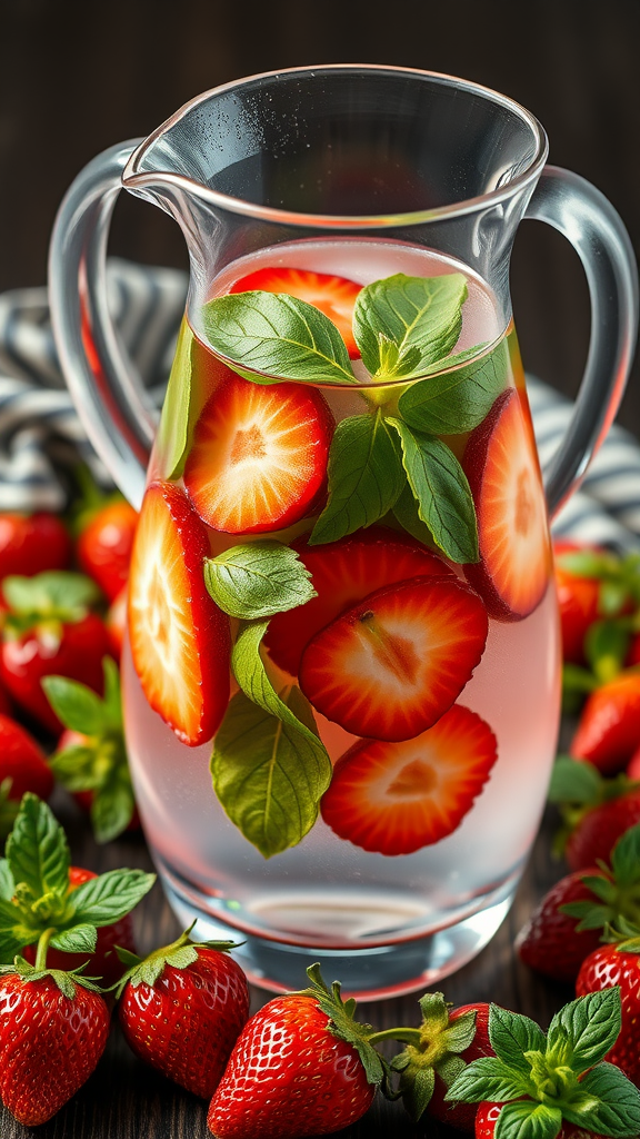 25 Creative Strawberry Centerpiece Ideas for Every Occasion A pitcher of strawberry and basil infused water with fresh strawberries in the background. Strawberry Centerpiece Ideas
