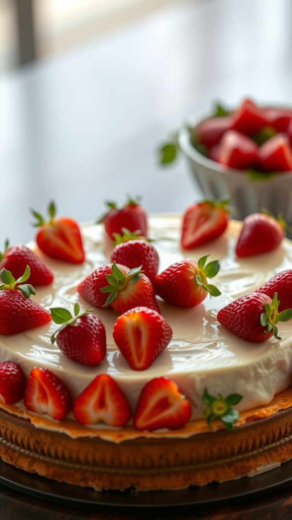 25 Creative Strawberry Centerpiece Ideas for Every Occasion A cheesecake topped with fresh strawberries, with a bowl of strawberries beside it.