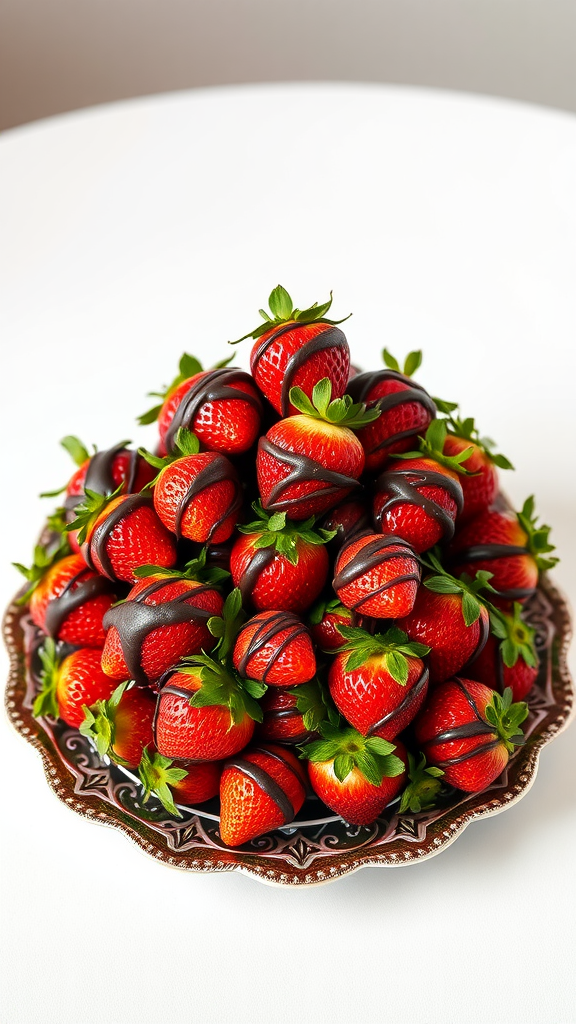 25 Creative Strawberry Centerpiece Ideas for Every Occasion A beautifully arranged plate of chocolate drizzled strawberries.
