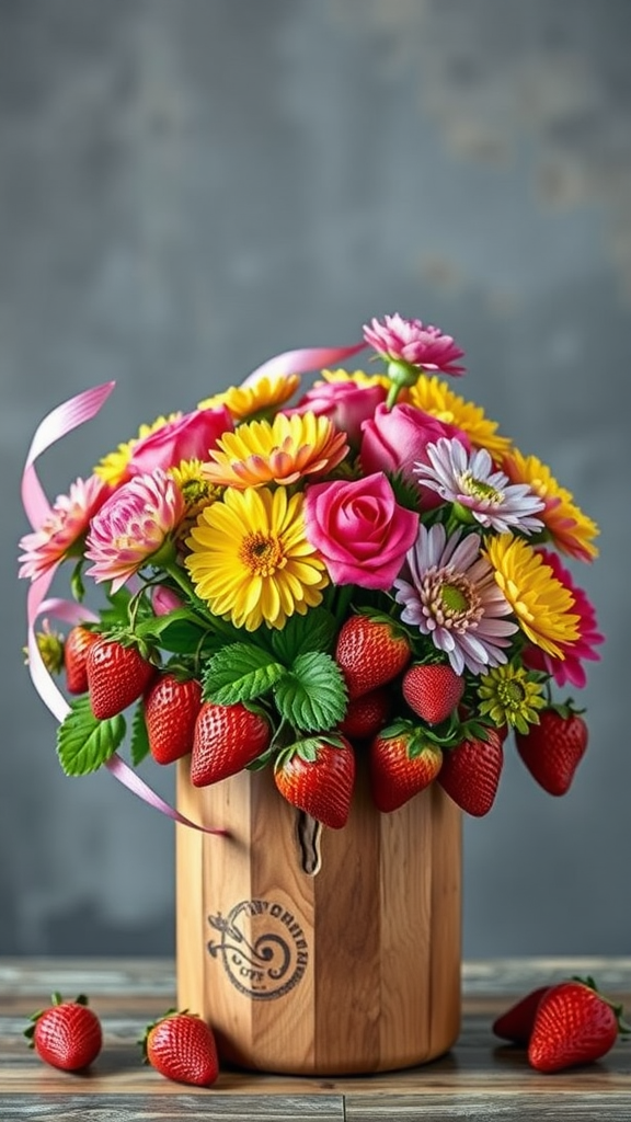 25 Creative Strawberry Centerpiece Ideas for Every Occasion A vibrant floral arrangement featuring strawberries, roses, and daisies in a wooden vase. Strawberry Centerpiece Ideas