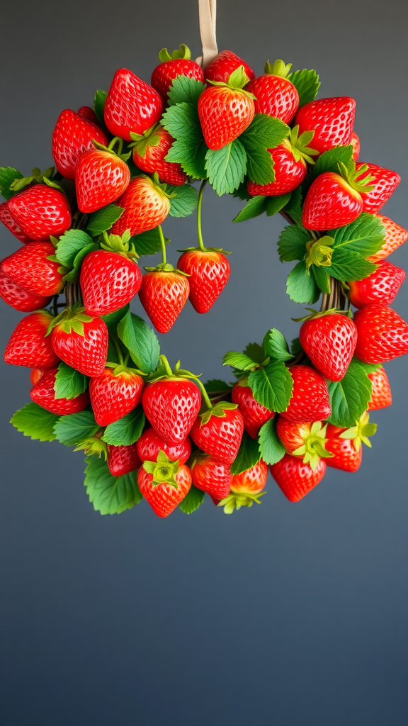 25 Creative Strawberry Centerpiece Ideas for Every Occasion A wreath made of vibrant red strawberries and green leaves