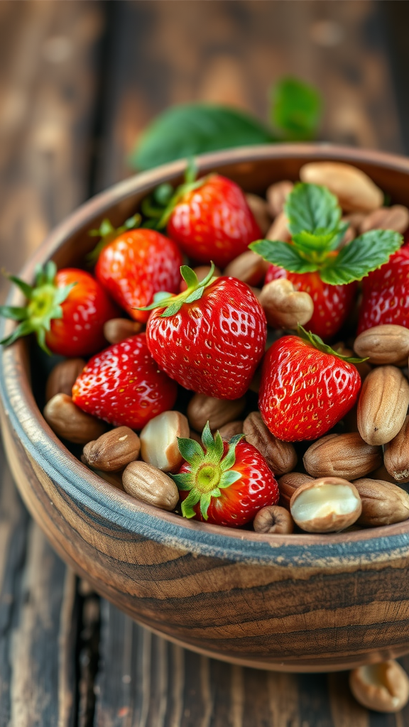 25 Creative Strawberry Centerpiece Ideas for Every Occasion A wooden bowl filled with fresh strawberries and various nuts.