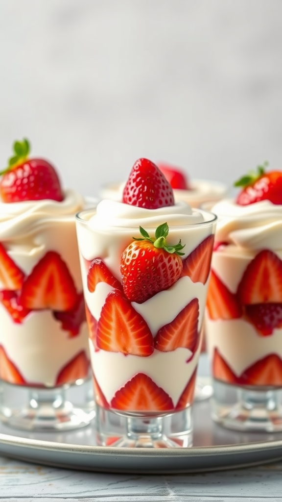 25 Creative Strawberry Centerpiece Ideas for Every Occasion A display of strawberry and yogurt parfaits in clear glasses, topped with fresh strawberries.