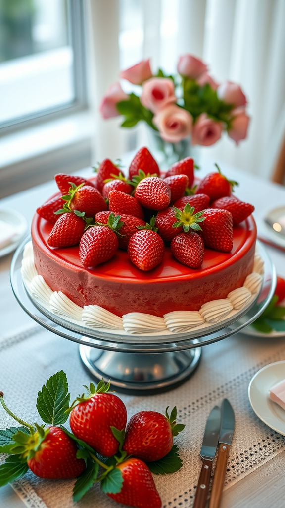 25 Creative Strawberry Centerpiece Ideas for Every Occasion A beautiful strawberry cake topped with fresh strawberries, displayed on a table with roses in the background.