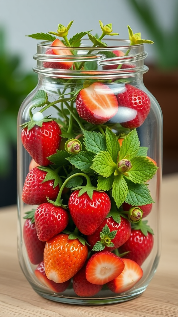 25 Creative Strawberry Centerpiece Ideas for Every Occasion A glass jar filled with fresh strawberries and mint leaves, showcasing a bright and colorful terrarium. Strawberry Centerpiece Ideas