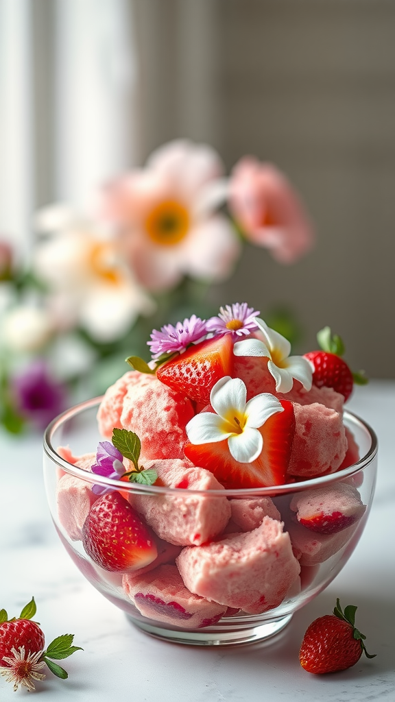 25 Creative Strawberry Centerpiece Ideas for Every Occasion A bowl of strawberry sorbet garnished with edible flowers and fresh strawberries.