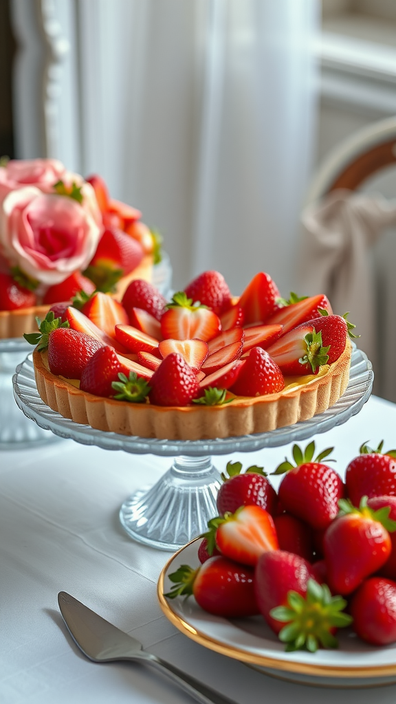 25 Creative Strawberry Centerpiece Ideas for Every Occasion A beautifully arranged strawberry tart surrounded by fresh strawberries on a table. Strawberry Centerpiece Ideas