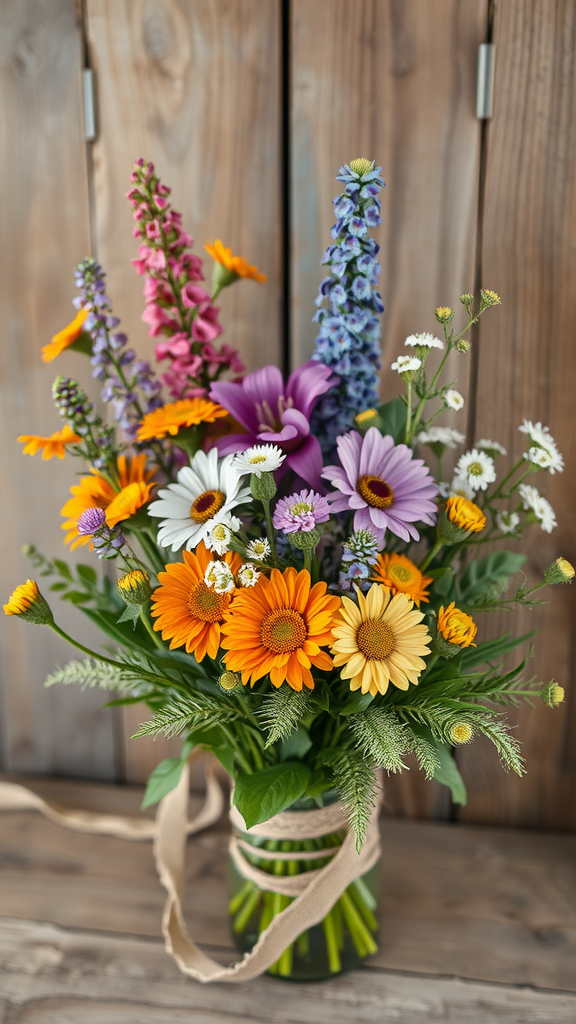 25 Creative Ideas for a Cowboy-Themed Wedding Celebration A vibrant floral arrangement in a mason jar featuring daisies, delphiniums, and irises, showcasing bright colors against a wooden background.