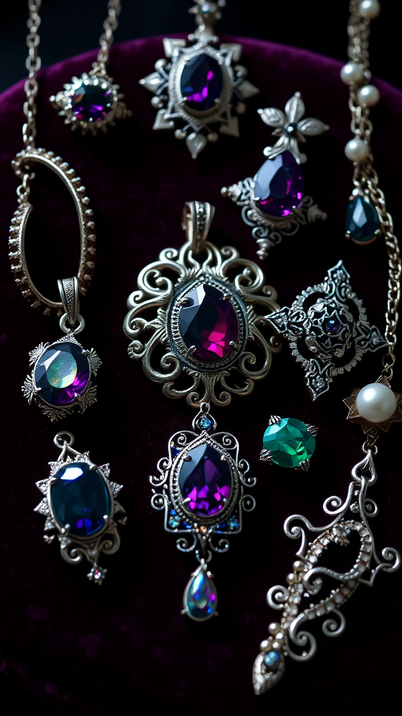 25 Enchanting Dark Romantic Wedding Ideas You’ll Love An assortment of gothic jewelry featuring intricate designs with purple and green gemstones.