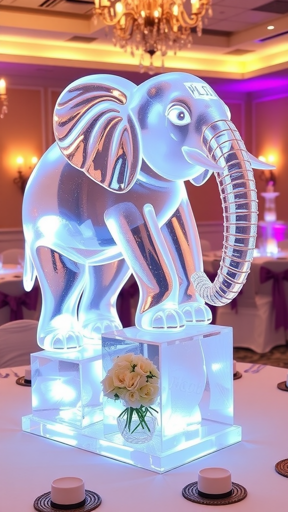 25 Sweet Winter Baby Shower Ideas to Warm Your Celebration A stunning ice sculpture featuring a unique design, displayed as a centerpiece on a table, surrounded by candles.