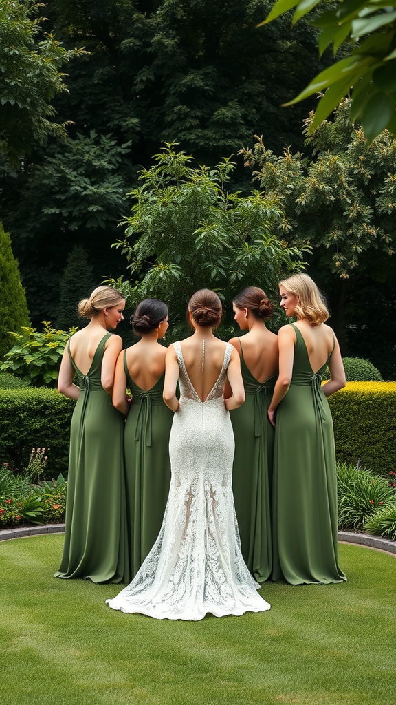 35 Olive Green Wedding Ideas You Haven't Seen Yet (Prepare to Be Inspired!) A group of bridesmaids in olive green dresses standing behind a bride in a white lace gown, surrounded by lush greenery.