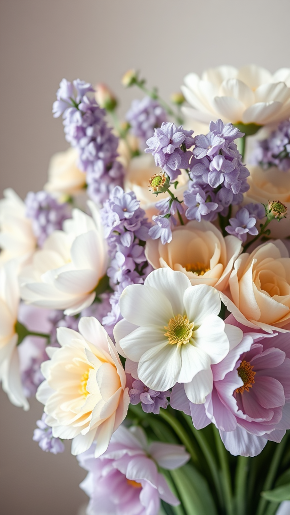 35 Stunning Earth Tone Wedding Bouquets for Your Dream Celebration A bouquet featuring soft lavender and cream flowers, showcasing a mix of textures and colors.