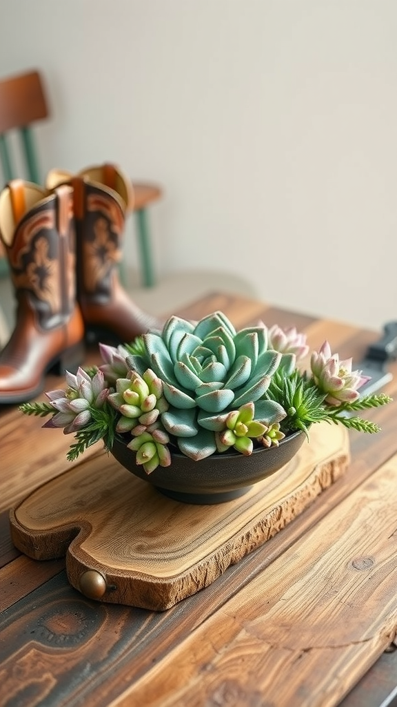 25 Cowboy Wedding Flowers That Will Make Planning a Breeze! A succulent centerpiece in a dark bowl on a wooden board, with cowboy boots in the background.