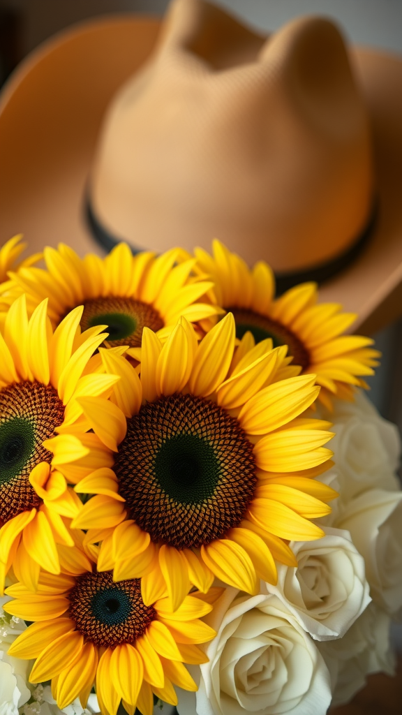 25 Cowboy Wedding Flowers That Will Make Planning a Breeze! A bouquet of sunflowers and white roses with a cowboy hat in the background.