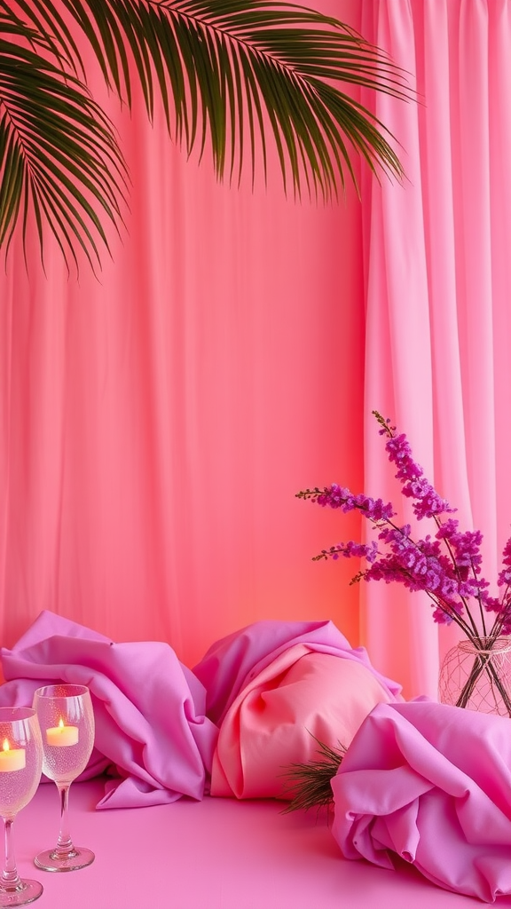 25 Adorable Ideas for a Boho Themed 1st Birthday Party for Girls A cozy setup with pink and purple fabrics, palm leaves, and candles in glasses, inspired by sunset colors.